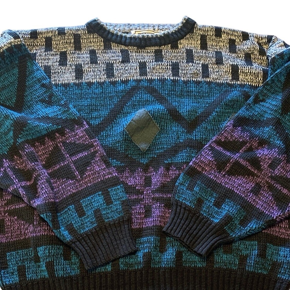 VTG Masters Sweater Men's L Multicolor Patches Colorful Cozy Knit Winter Retro‎